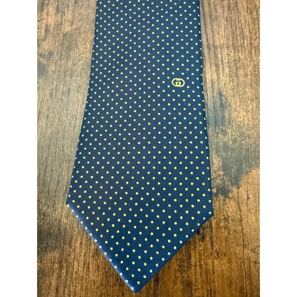 Vintage Gucci Made in Italy Navy Blue & Gold Polka Dot Logo Silk Tie